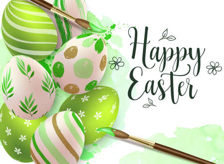 Hand painted green Easter eggs and paintbrush on watercolor background. Vector illustration. Happy Easter letteringのイラスト素材