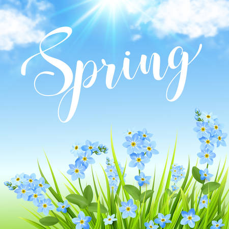 Blue flowers, green grass and clouds on a blue sky background. Spring floral background. Vector illustration.のイラスト素材