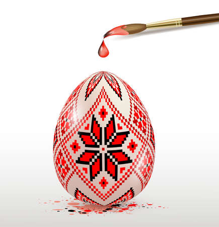Hand painted red decorative Easter egg and paintbrush. Ukrainian traditional folk painting art style. Realistic vector illustration.のイラスト素材
