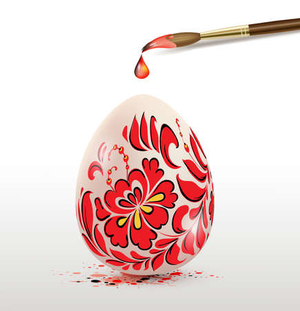 Hand painted decorative Easter egg with red floral ornament and paintbrush. Ukrainian traditional folk painting art style. Realistic vector illustration.のイラスト素材