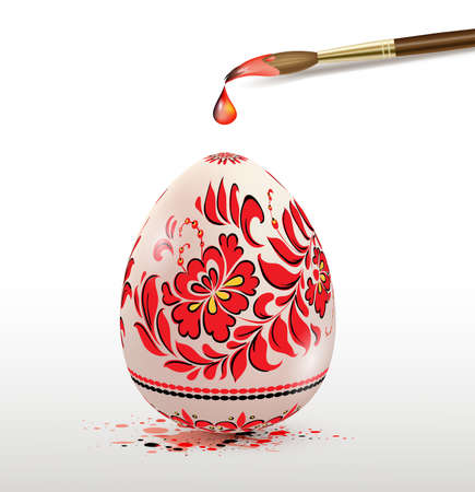 Hand painted decorative Easter egg with red floral ornament and paintbrush. Ukrainian traditional folk painting art style. Realistic vector illustration.のイラスト素材