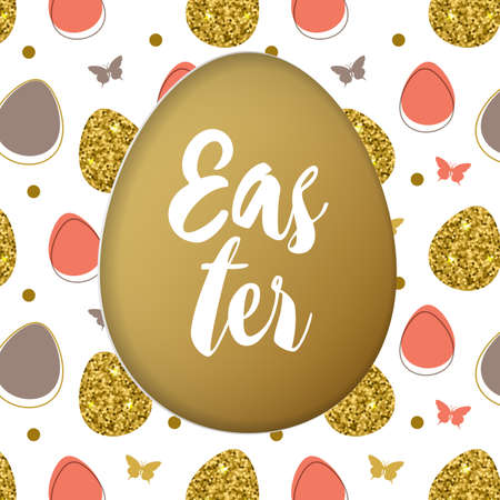 Decorative cut out of paper green Easter card with golden and pink eggs on a white background. Vector illustration.のイラスト素材