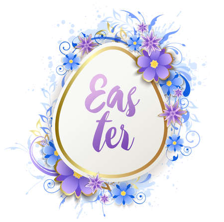 Decorative Easter egg and blue flowers. Festive background. Vector illustration. Holiday greeting card.のイラスト素材