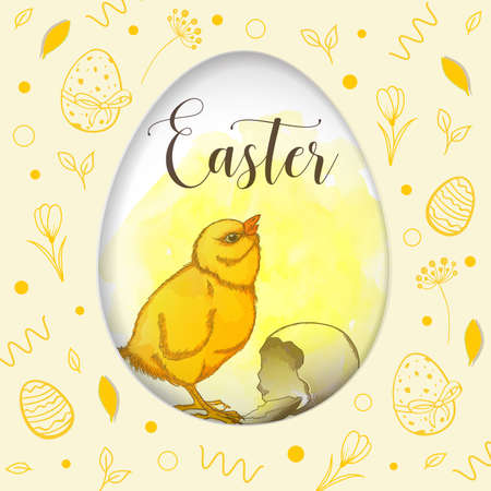 Decorative cut out of paper Easter card with chicken on a yellow watercolor background. Vector illustration.のイラスト素材