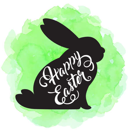 Holiday Easter background with black silhouette of rabbit on a green watercolor background. Vector illustration.のイラスト素材