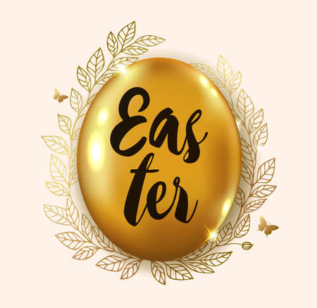 Golden glittering Easter egg and decorative wreath of leaves. Easter greeting card. Vector illustration.のイラスト素材