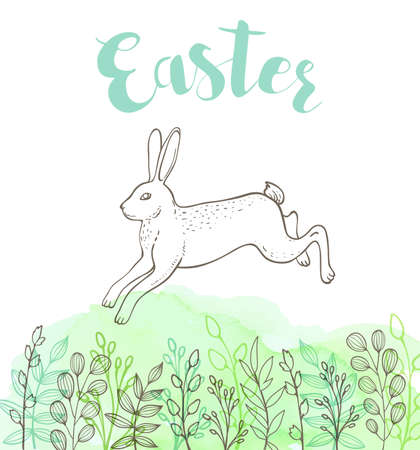 Decorative Easter greeting card with rabbit and green watercolor texture. Festive background. Vector illustration.のイラスト素材