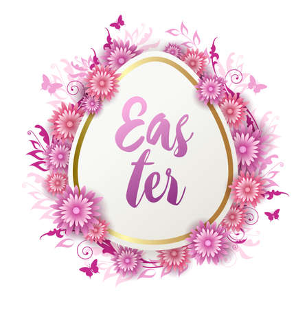 Decorative Easter egg with paper red and pink flowers. Festive floral background. Vector illustration. Holiday greeting card.のイラスト素材