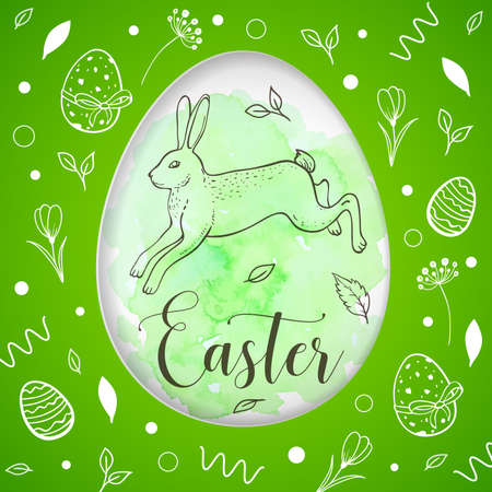 Decorative cut out of paper Easter card with rabbit on a green watercolor background. Vector illustration.のイラスト素材