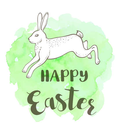 Holiday Easter background with rabbit on a green watercolor background. Hand drawn vector illustration.のイラスト素材