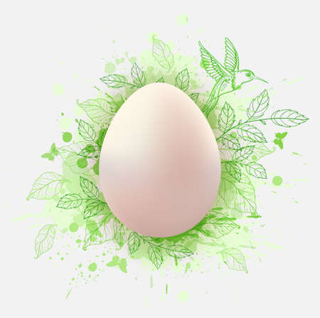Decorative Easter greeting card with egg, green leaves and bird. Festive background. Vector illustration. Holiday greeting card.のイラスト素材