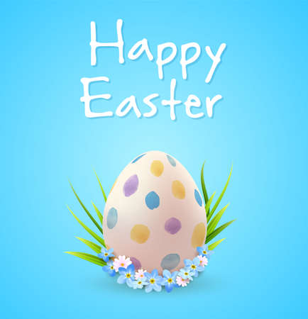 Decorative Easter egg, blue spring flowers and green grass. Festive background. Vector illustration. Happy Easter letteringのイラスト素材