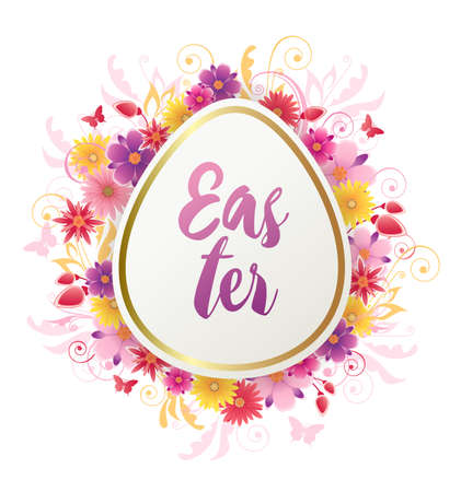 Decorative Easter egg with red and yellow flowers. Festive floral background. Vector illustration. Holiday greeting card.のイラスト素材