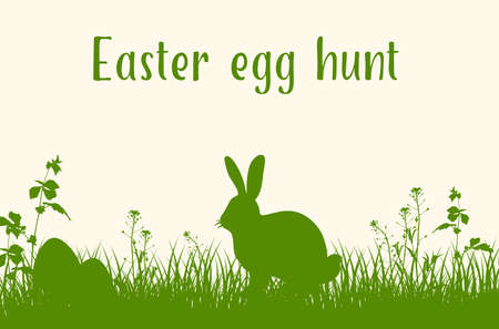 Easter green background with silhouettes of rabbit, grass and eggs. Easter egg hunt. Vector illustrationのイラスト素材