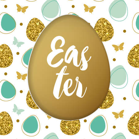 Decorative cut out of paper green Easter card with golden and green eggs on a white background. Vector illustration.のイラスト素材