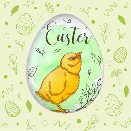 Decorative cut out of paper Easter card with chicken on a green watercolor background. Vector illustration.のイラスト素材