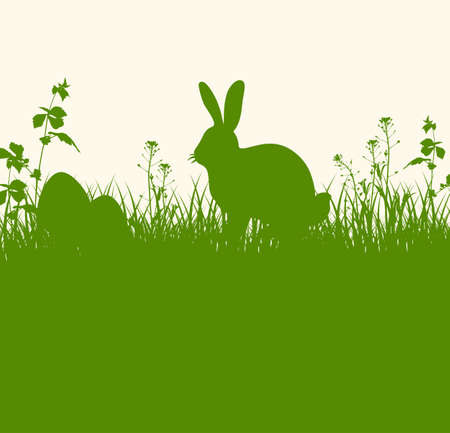 Easter green background with silhouettes of rabbit, grass and eggs. Easter egg hunt concept. Vector illustrationのイラスト素材