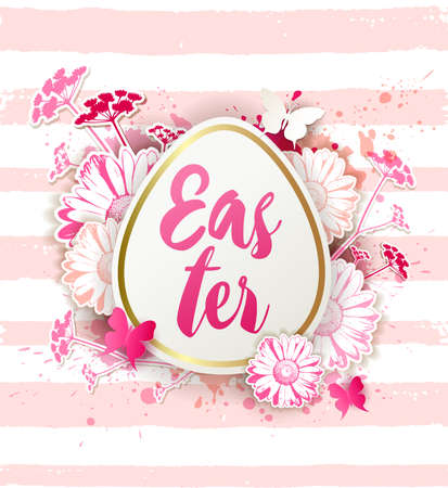Decorative Easter egg with red and pink daisy flowers. Festive floral background. Vector illustration. Holiday greeting card.のイラスト素材