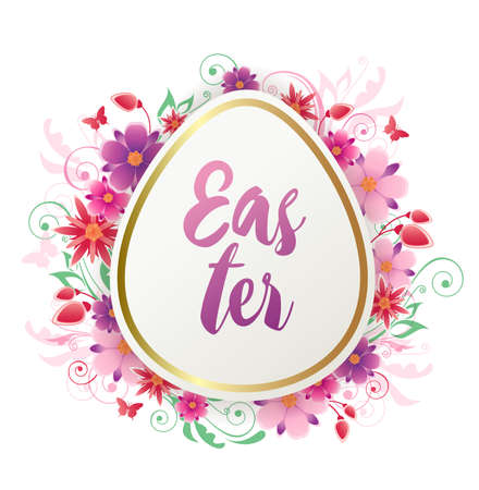 Decorative Easter egg with red and pink flowers. Festive floral background. Vector illustration. Holiday greeting card.のイラスト素材