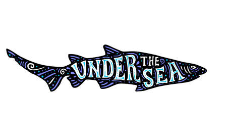 Black silhouette of shark on a white background and lettering Under the sea. Nature and sea life concept. Hand drawn vector illustrationのイラスト素材