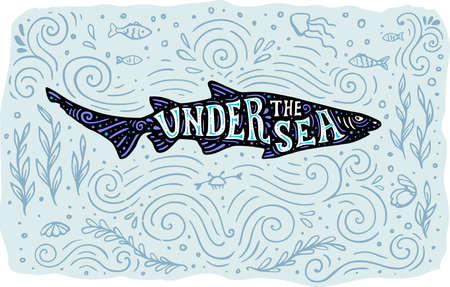 Black silhouette of shark on a blue marine background and lettering. Nature and sea life concept. Hand drawn vector illustrationのイラスト素材