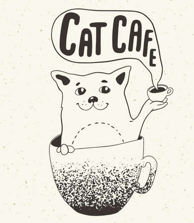 Cat in the coffee cup and lettering. Poster for cat cafe. Hand drawn vector illustration. Coffee house concept.のイラスト素材