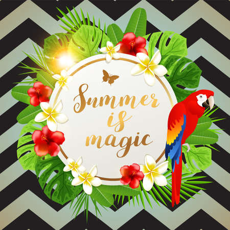 Summer banner with tropical flowers, green palm leaves and red parrot on a black striped background. Vector illustrationのイラスト素材