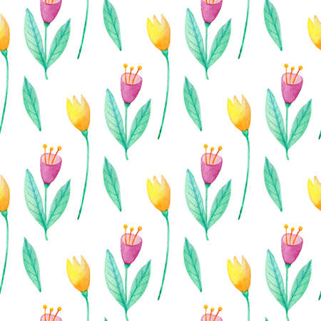 Watercolor floral seamless pattern with pink and yellow flowers and green leaves. Hand drawn nature backgroundの写真素材