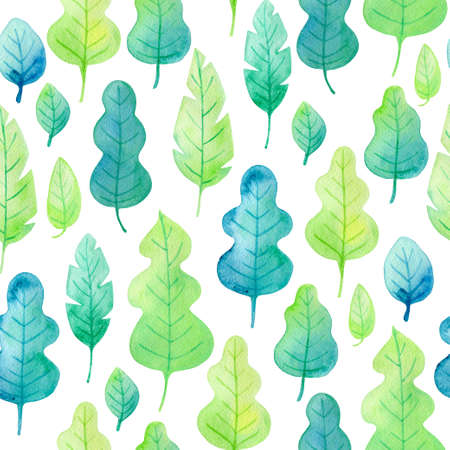 Watercolor seamless pattern with green leaves on a white background.の写真素材