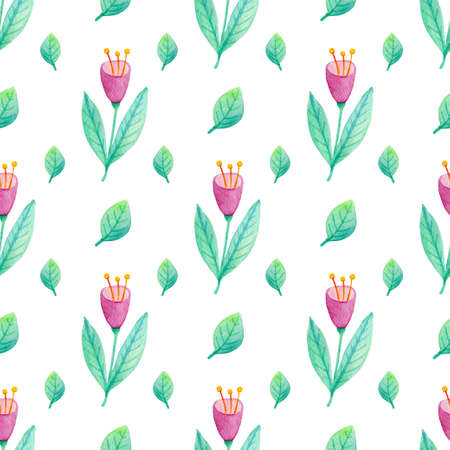 Watercolor floral seamless pattern with pink flowers and green leaves. Hand drawn nature backgroundの写真素材