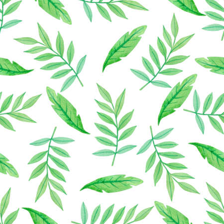 Watercolor seamless pattern with green branch and leaves on a white background.の写真素材