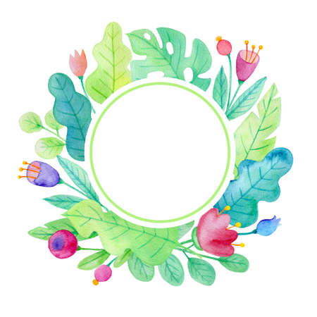 Watercolor floral frame with flowers and green leaves on a white background. Round floral banner for seasonal summer sale.の写真素材
