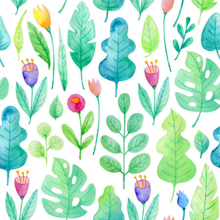 Watercolor floral seamless pattern with flowers and green leaves. Hand drawn nature backgroundの写真素材