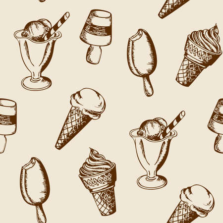 Vintage hand drawn seamless pattern with different ice cream. Vector illustrationのイラスト素材