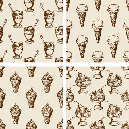 Vintage seamless patterns with different ice cream. Hand drawn vector backgroundsのイラスト素材