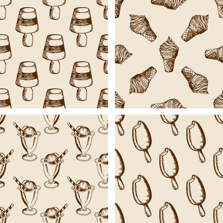 Vintage seamless patterns with different ice cream. Hand drawn vector backgroundsのイラスト素材