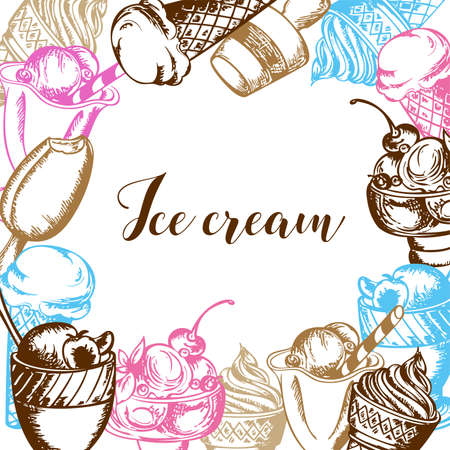 Vintage background with different ice cream. Hand drawn vector illustrationのイラスト素材