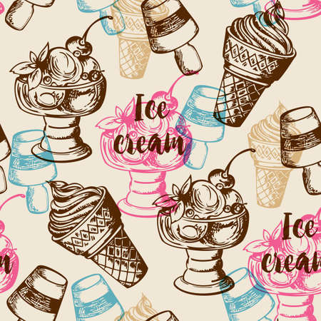 Vintage summer seamless pattern with different ice cream. Hand drawn vector backgroundのイラスト素材