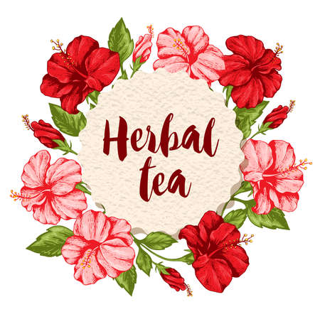 Tropical floral background with pink and red hibiscus flowers and paper label.  Hand drawn vector illustration. のイラスト素材