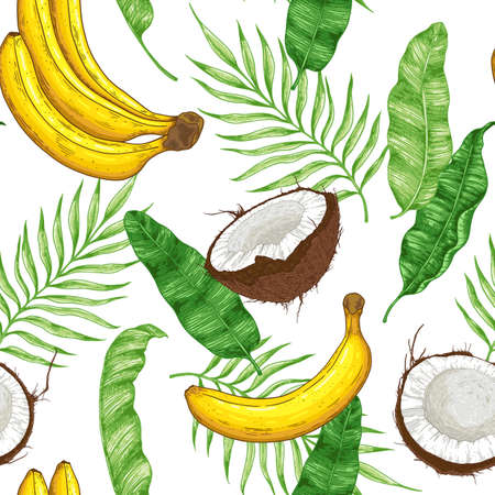 Hand drawn tropical seamless pattern with yellow bananas, coconuts and green leaves. Vector backgroundのイラスト素材