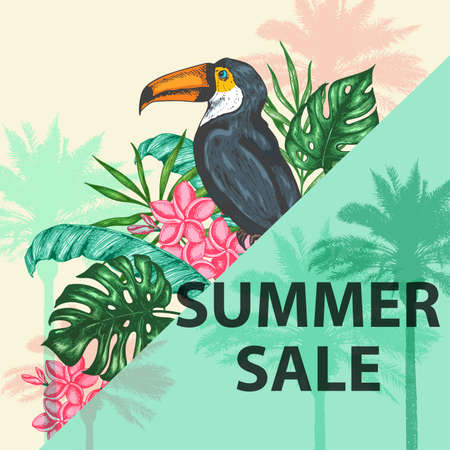 Tropical background with green palm leaves, flowers and toucan.  Design for seasonal summer sale. Hand drawn vector illustrationのイラスト素材