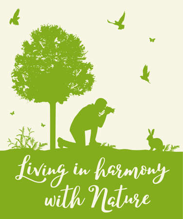 The man photographs a rabbit. Wildlife protection and ecology concept. Vector illustrationのイラスト素材