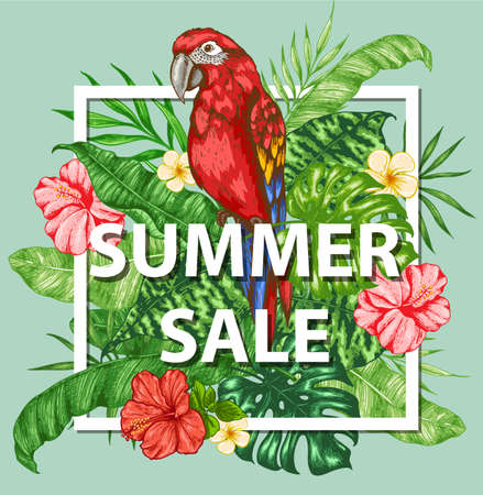Tropical frame with green palm leaves, flowers and red parrot.  Design for seasonal summer sale. Hand drawn vector illustrationのイラスト素材