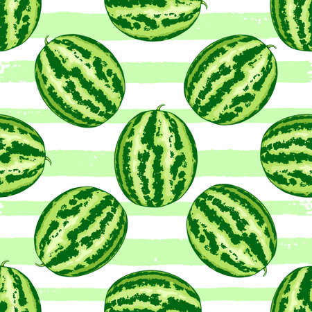 Summer tropical seamless pattern with watermelon on a green striped background. Vector illustrationのイラスト素材