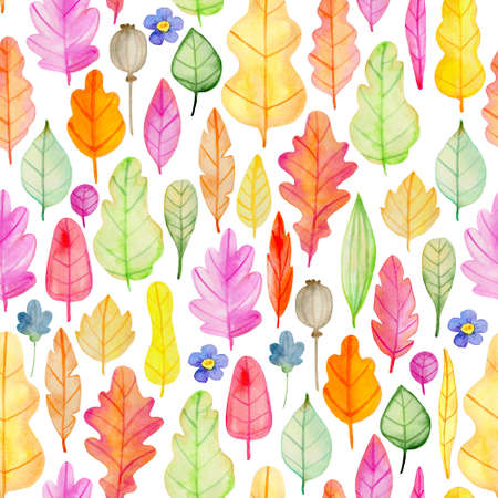 Watercolor autumn floral seamless pattern with flowers and leaves. Hand drawn nature backgroundの写真素材