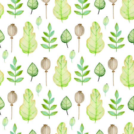 Watercolor autumn floral seamless pattern with green leaves and poppy seeds. Hand drawn nature backgroundの写真素材