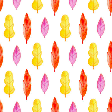 Watercolor autumn floral seamless pattern with bright orange and yellow leaves. Hand drawn nature backgroundの写真素材