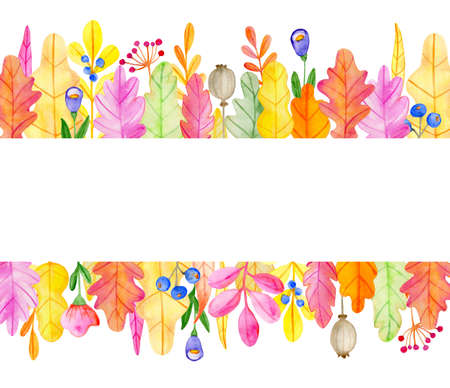 Watercolor autumn floral horizontal background with flowers and leaves. Hand drawn illustrationの写真素材