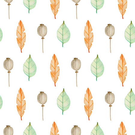 Watercolor autumn floral seamless pattern with green and orange leaves and poppy seeds. Hand drawn nature backgroundの写真素材
