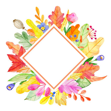 Watercolor autumn floral banner with flowers and leaves on a white background.  Hand drawn illustrationの写真素材